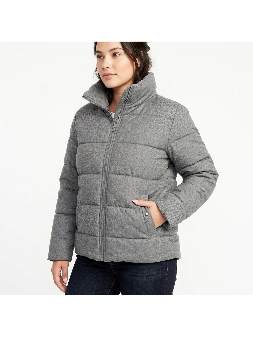 Old Navy Womens Frost-Free Puffer Jacket Sz L Heather Gray Full Zip Winter Coat
